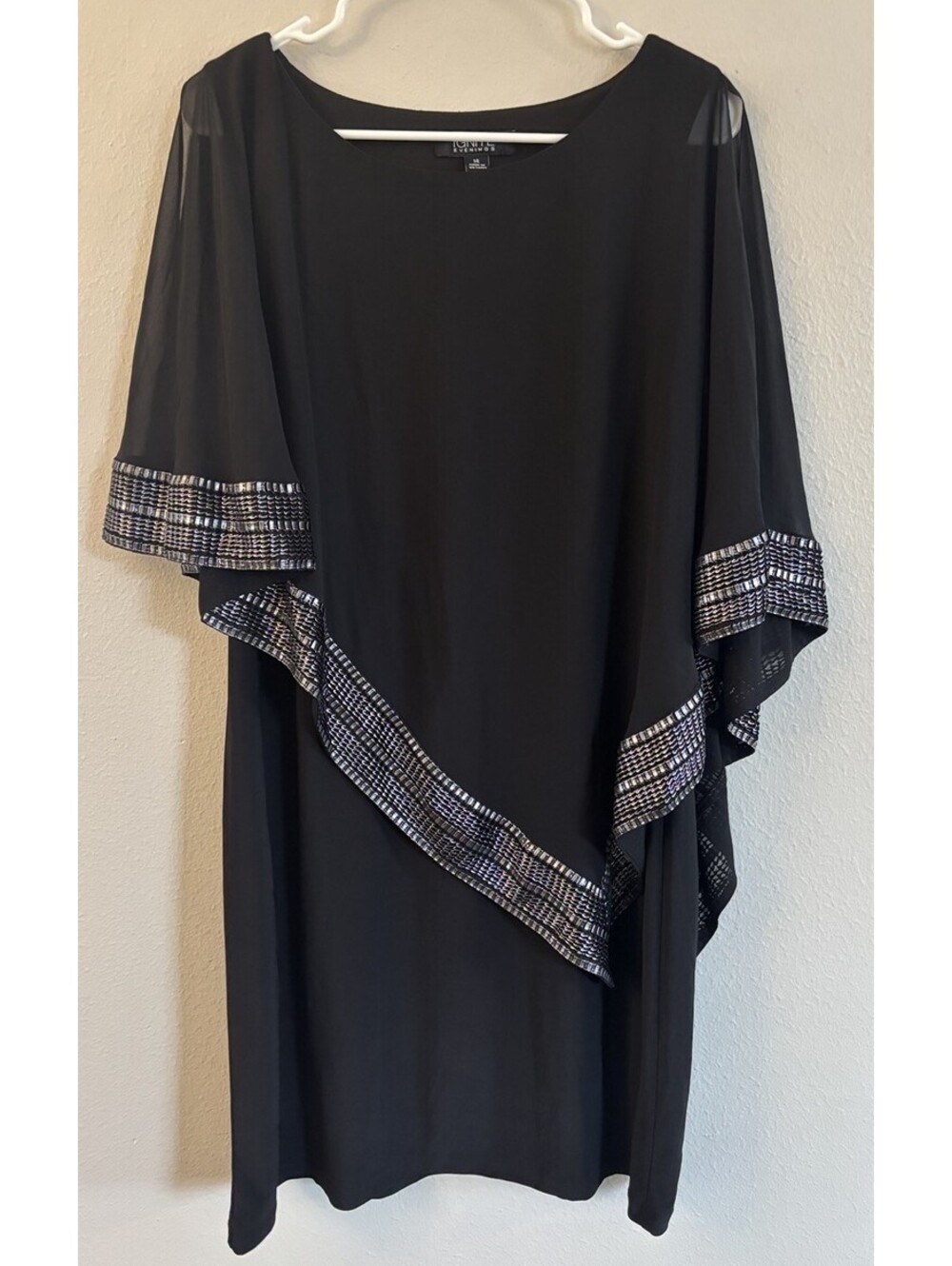 Ignite Womens Sheath Dress Black Sheer Scoop Neck 3/4 Sleeve Metallic Trim 14